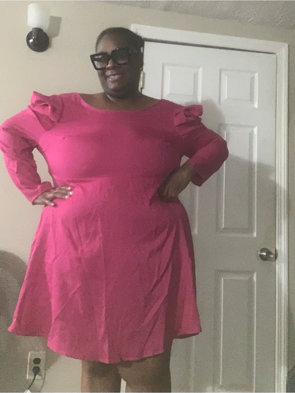 SHEIN Hot Pink Ruffle Shoulder Long Sleeve Fit & Flare Dress